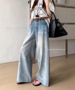 Real shot of summer personalized spray painted denim wide-leg pants for women with high waist design loose trousers