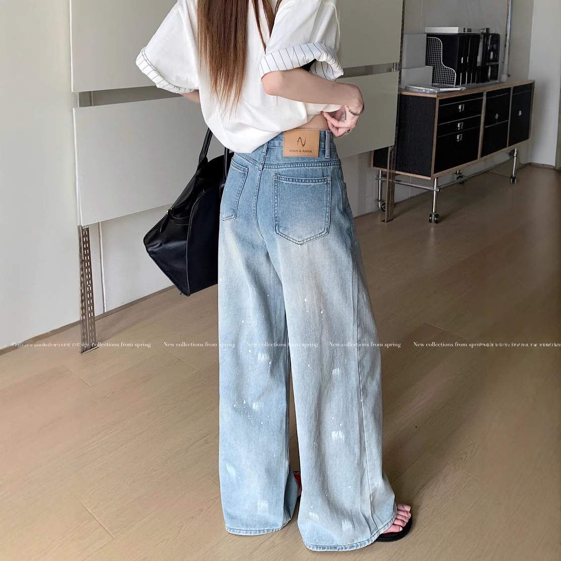 Real shot of summer personalized spray painted denim wide-leg pants for women with high waist design loose trousers - Image 4
