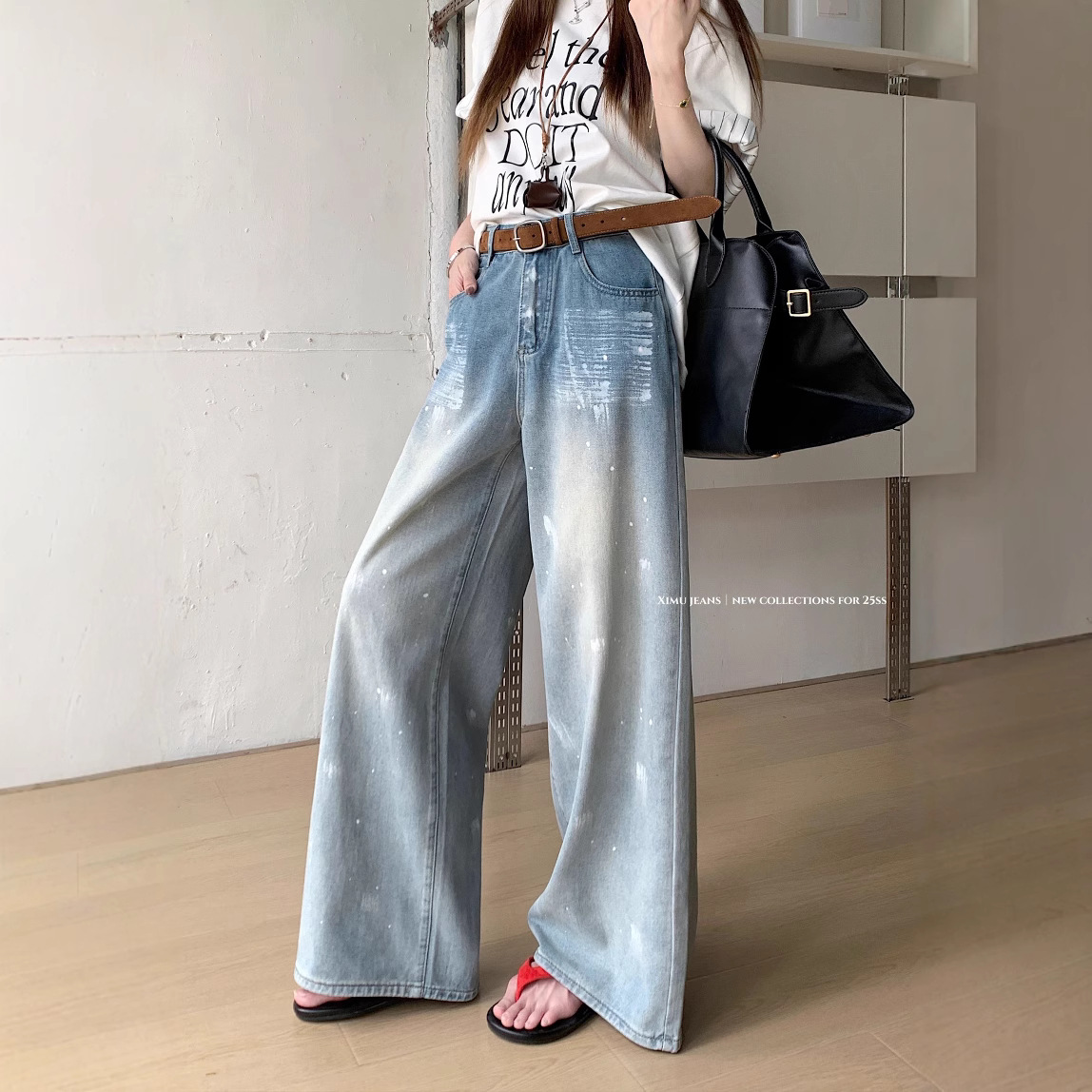 Real shot of summer personalized spray painted denim wide-leg pants for women with high waist design loose trousers - Image 5