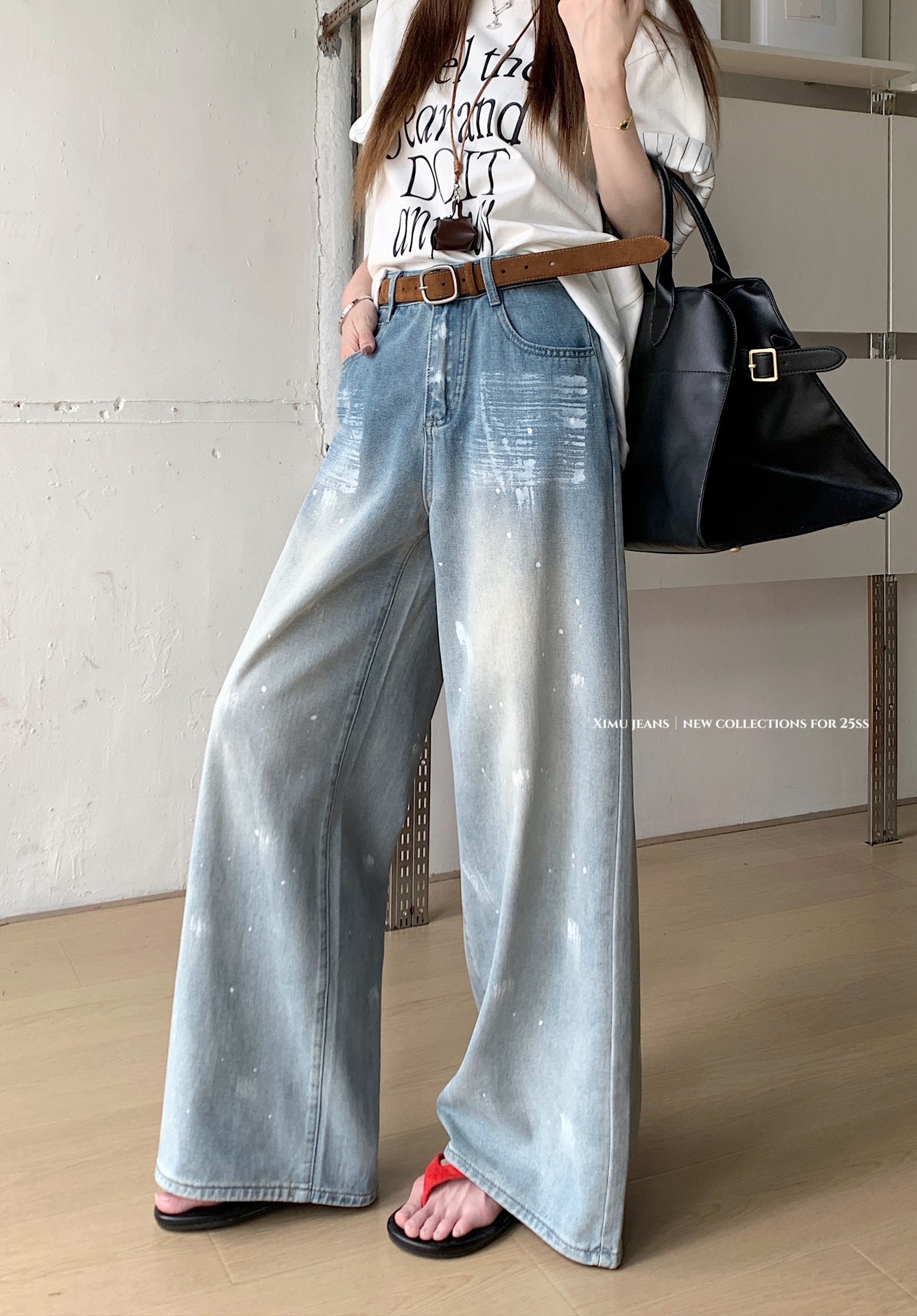 Real shot of summer personalized spray painted denim wide-leg pants for women with high waist design loose trousers - Image 6
