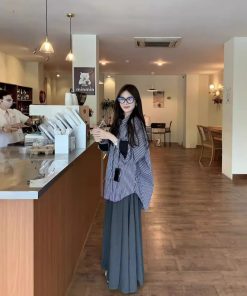 Real photo of casual and versatile striped pocket shirt for women in autumn silhouette splicing contrast color long-sleeved cardigan top