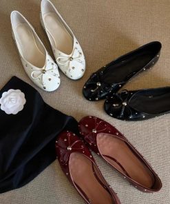 Fashionable rivet bows shallow mouth flat shoes for women French single shoes simple evening shoes