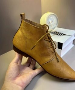 Retro pointed toe short boots flat boots for women's spring and autumn single boots British style soft leather ankle boots soft sole lace-up Martin boots