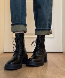 Retro lace-up high-heeled short boots for women in autumn and winter thick heels stretch thin boots simple British style Martin boots