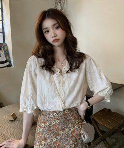 Real photo of summer neck loose retro lace shirt top + high waist slim floral skirt