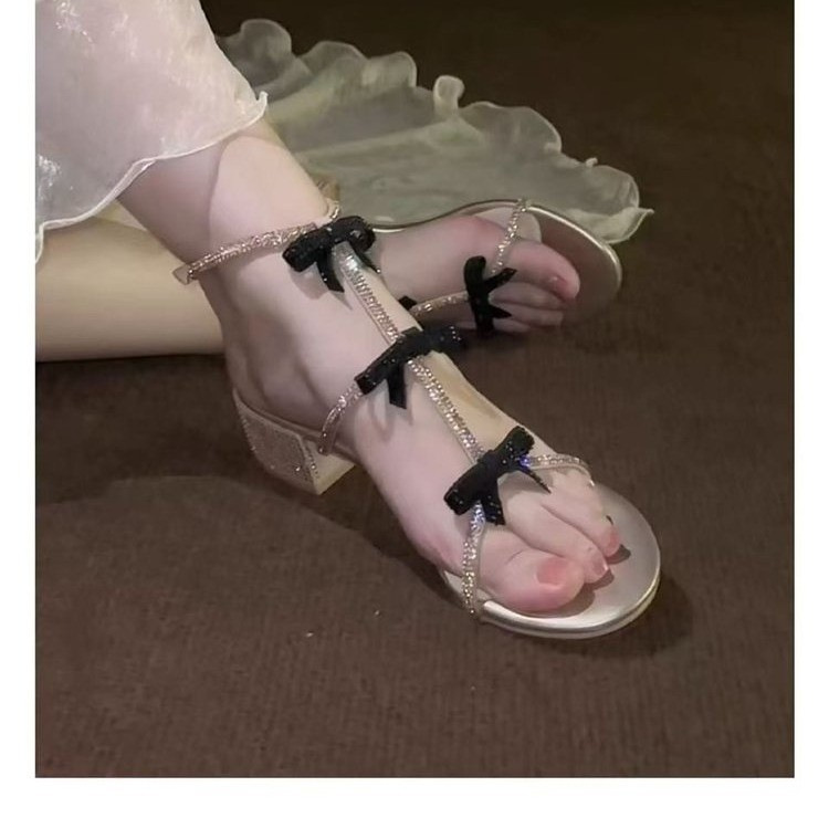 Beautiful rhinestone sandals for women in summer with skirt for women in women's rhinestones one-strip simple thick heels high heels - Image 2