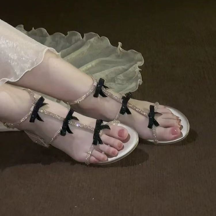 Beautiful rhinestone sandals for women in summer with skirt for women in women's rhinestones one-strip simple thick heels high heels - Image 3