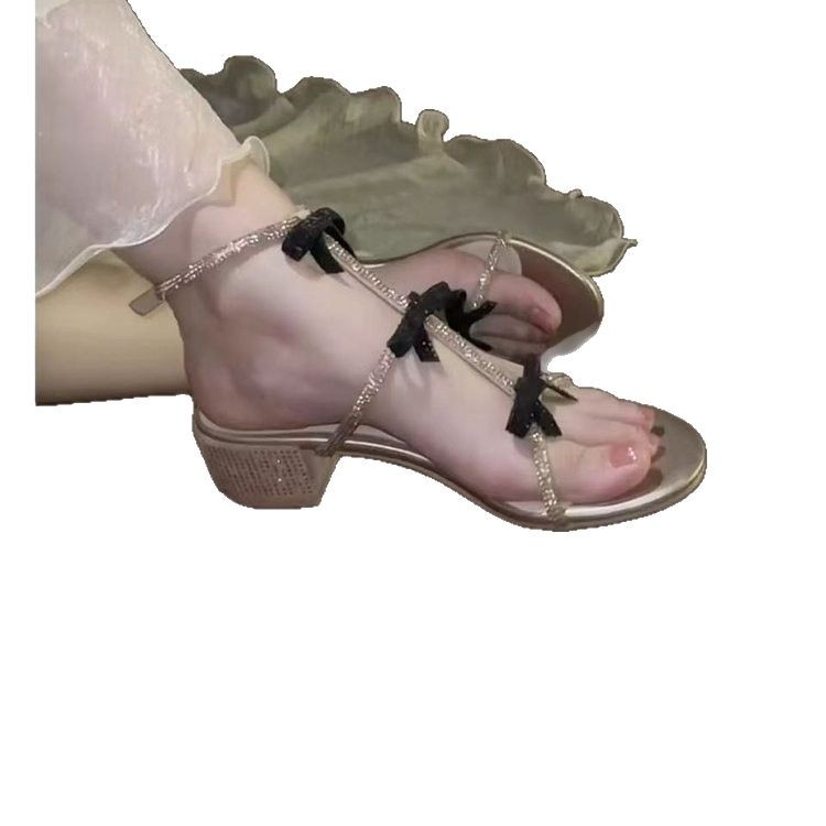 Beautiful rhinestone sandals for women in summer with skirt for women in women's rhinestones one-strip simple thick heels high heels - Image 5