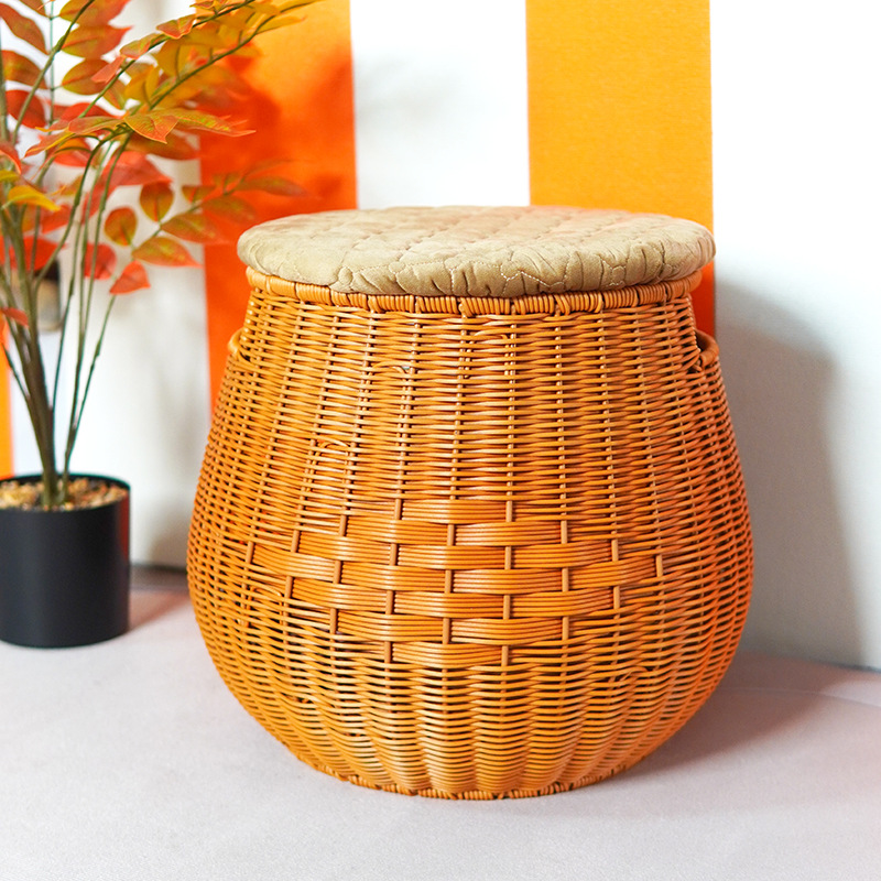Household rattan woven rattan chair balcony living room small chair tatami storage stool single round forming man woven stool - Image 2
