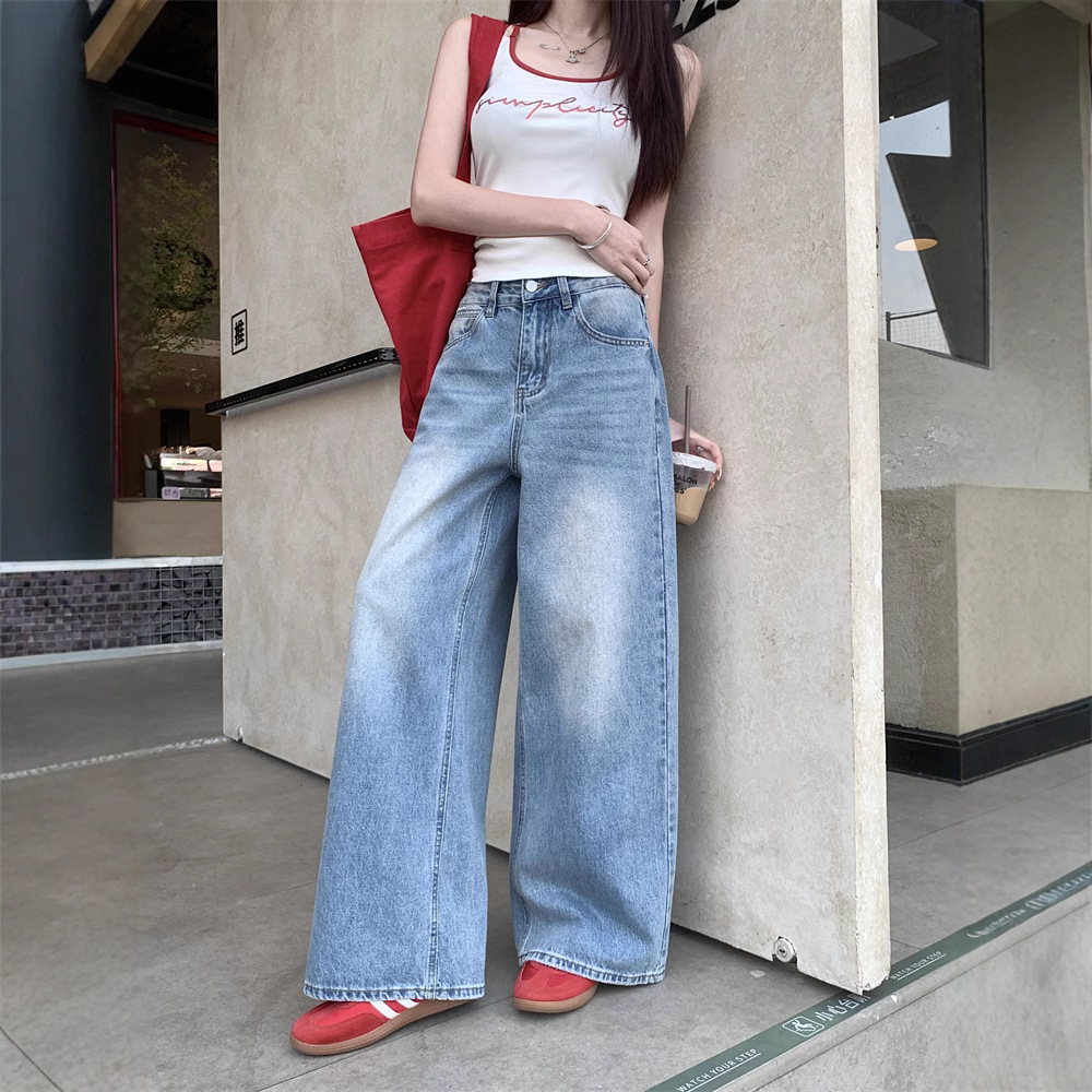 Real shot~ Retro wash wide-leg jeans for women in spring and summer high-waisted slimming versatile trousers - Image 2