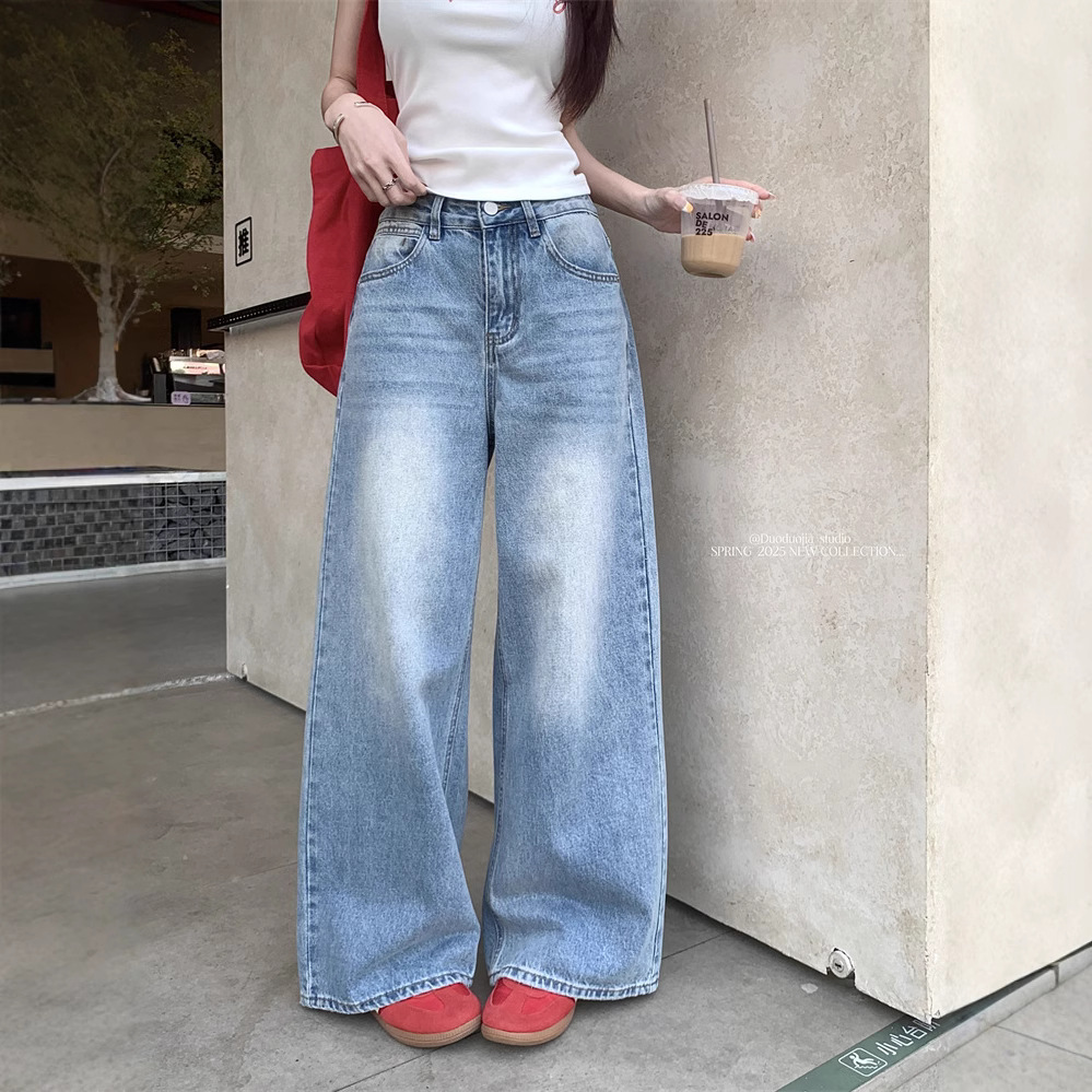 Real shot~ Retro wash wide-leg jeans for women in spring and summer high-waisted slimming versatile trousers - Image 3