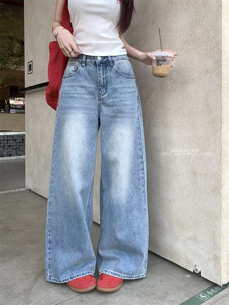 Real shot~ Retro wash wide-leg jeans for women in spring and summer high-waisted slimming versatile trousers - Image 6