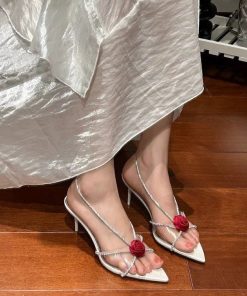 Pointed toe open toe sandals for women in summer French rose rhinestone transparent with empty pointed toe slim heels shoes