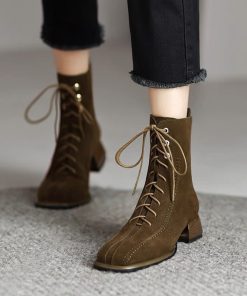 Green lace-up short boots for women with thick heel soft leather matte autumn and winter fashion retro simple square toe mid-heel Martin boots