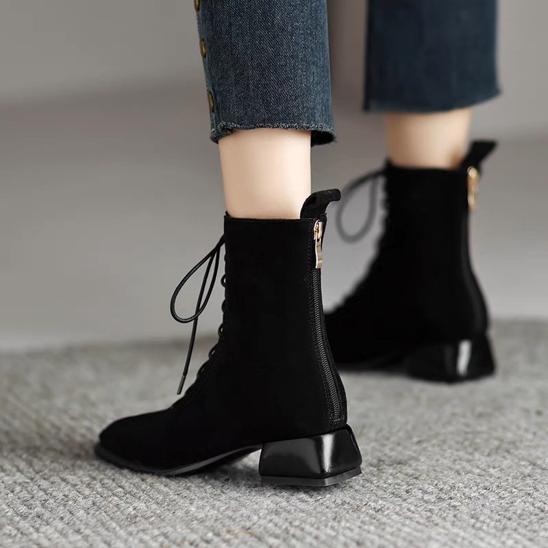 Green lace-up short boots for women with thick heel soft leather matte autumn and winter fashion retro simple square toe mid-heel Martin boots - Image 2