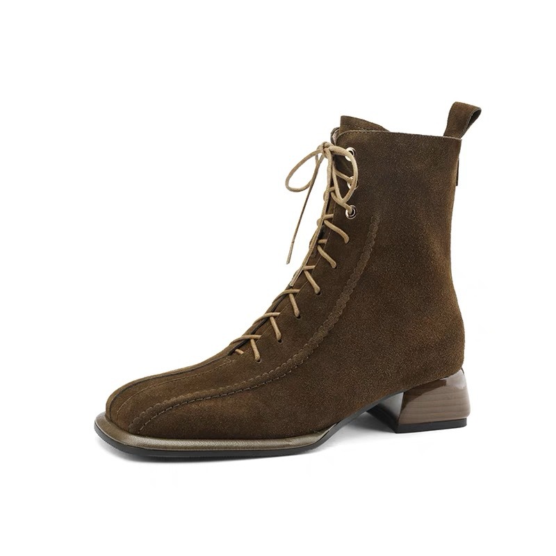 Green lace-up short boots for women with thick heel soft leather matte autumn and winter fashion retro simple square toe mid-heel Martin boots - Image 7