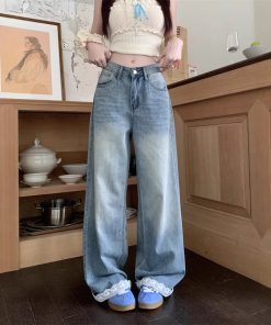 Real-life American retro lace splicing design wide-leg jeans for women with high waist slim floor trousers