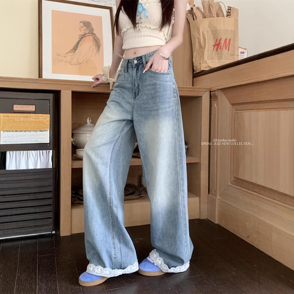 Real-life American retro lace splicing design wide-leg jeans for women with high waist slim floor trousers - Image 3