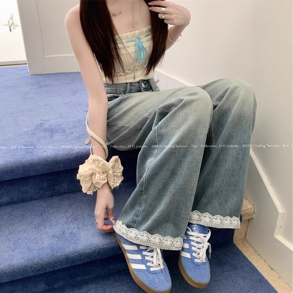Real-life American retro lace splicing design wide-leg jeans for women with high waist slim floor trousers - Image 4