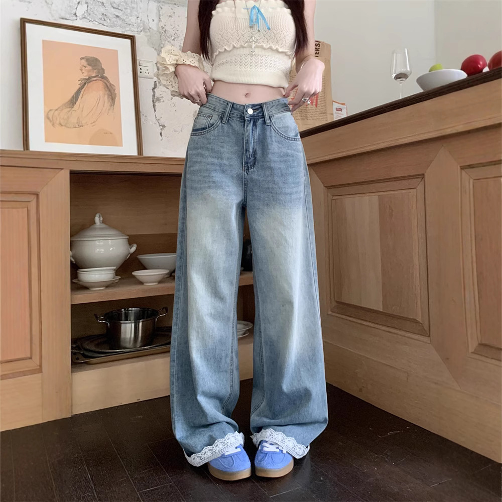 Real-life American retro lace splicing design wide-leg jeans for women with high waist slim floor trousers - Image 5