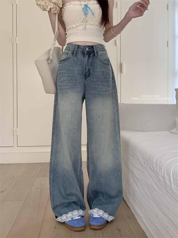Real-life American retro lace splicing design wide-leg jeans for women with high waist slim floor trousers - Image 7