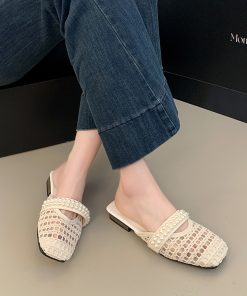 Evening gentle shoes, low heel hollowed-out half slippers for women in summer wear French sandals