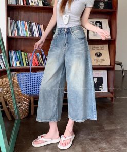 Real shot~ American retro washing jeans for women in summer high waist slimming wide-leg 8-leg pants medium pants