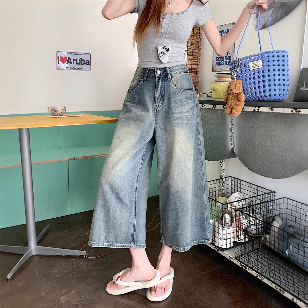 Real shot~ American retro washing jeans for women in summer high waist slimming wide-leg 8-leg pants medium pants - Image 2