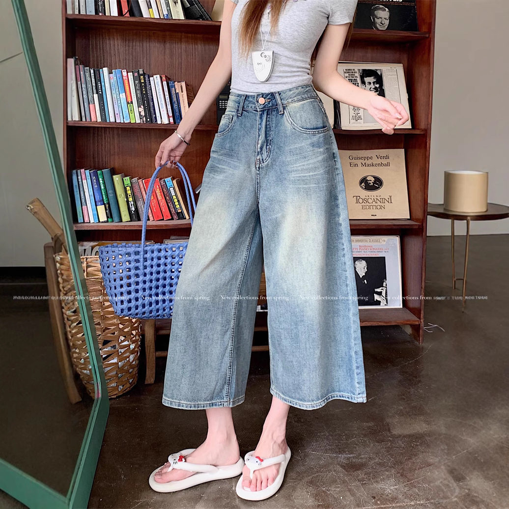 Real shot~ American retro washing jeans for women in summer high waist slimming wide-leg 8-leg pants medium pants - Image 5