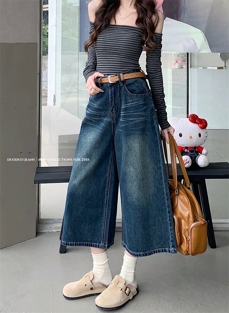 Real shot~ American retro washing jeans for women in summer high waist slimming wide-leg 8-leg pants medium pants - Image 7