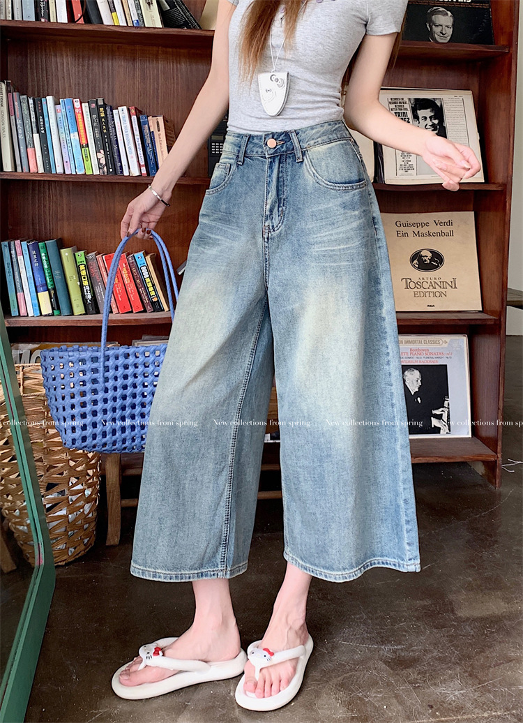 Real shot~ American retro washing jeans for women in summer high waist slimming wide-leg 8-leg pants medium pants - Image 9