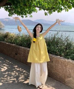 Real photos~ Korean loose slim sleeveless vest dress + versatile large styling pants layered fashion suit