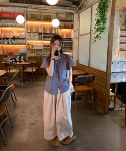 Real-life textured striped short shirt niche puff sleeve top + Japanese thin elastic waist casual pants