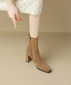 Retro British style thick heel Martin boots autumn and winter suede square toe side zipper short boots thin stretch boots