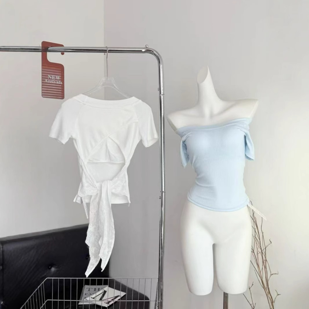 / "You look back too" bow-tie antibacterial round neck slim elastic pure erotic top shirt - Image 2