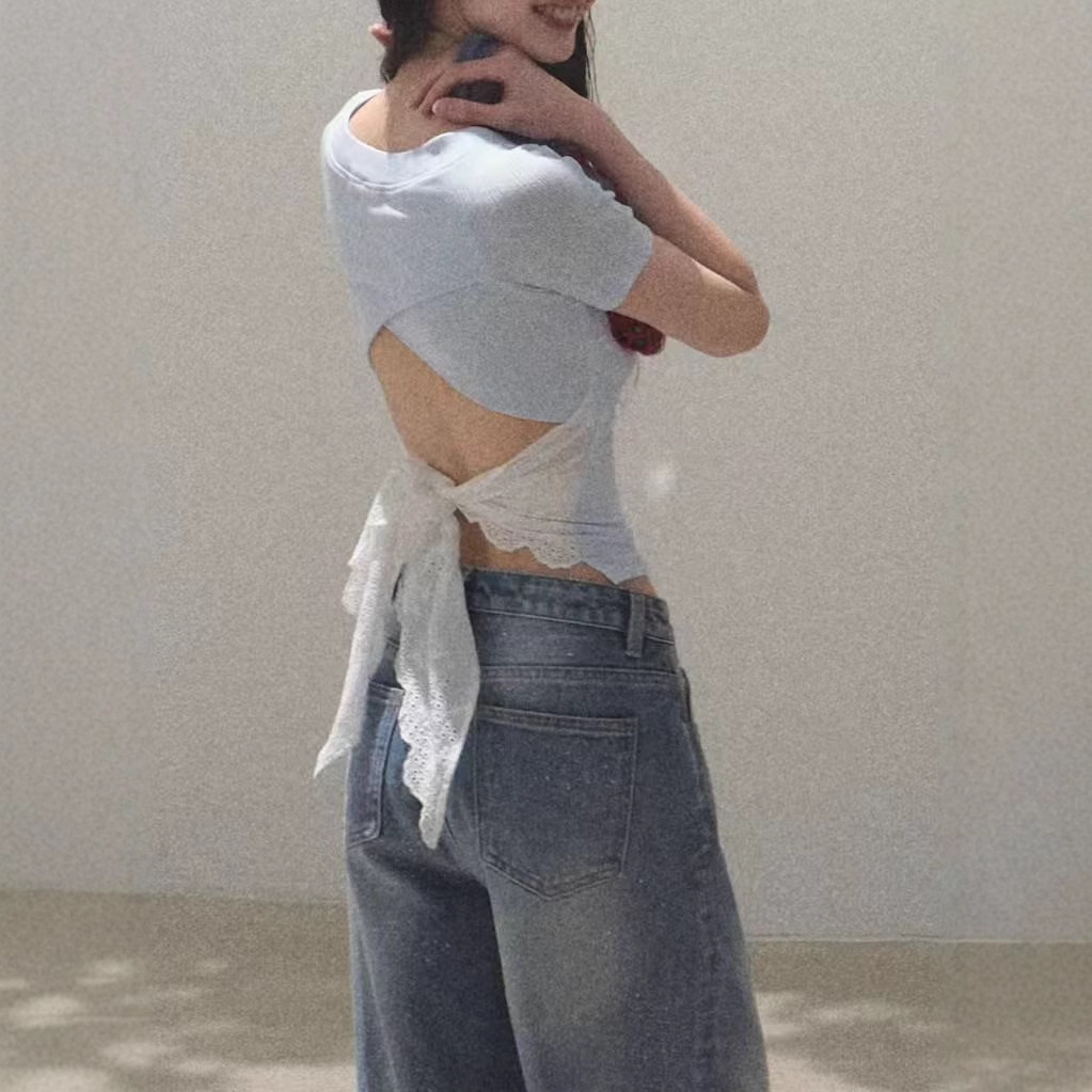 / "You look back too" bow-tie antibacterial round neck slim elastic pure erotic top shirt - Image 3