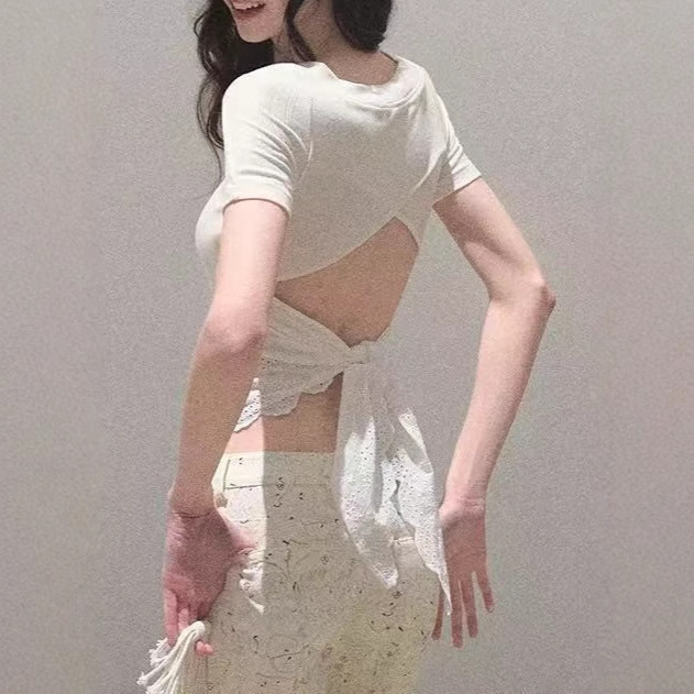 / "You look back too" bow-tie antibacterial round neck slim elastic pure erotic top shirt - Image 5