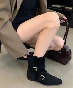 Soft leather version ~ Niche design pointy short boots for women thick heel belt buckle suede Chelsea boots slim Martin boots