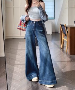 Real shot of Hong Kong style retro elastic wide-leg swaying jeans women's high waist temperament trousers long trousers