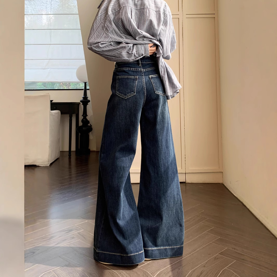 Real shot of Hong Kong style retro elastic wide-leg swaying jeans women's high waist temperament trousers long trousers - Image 3