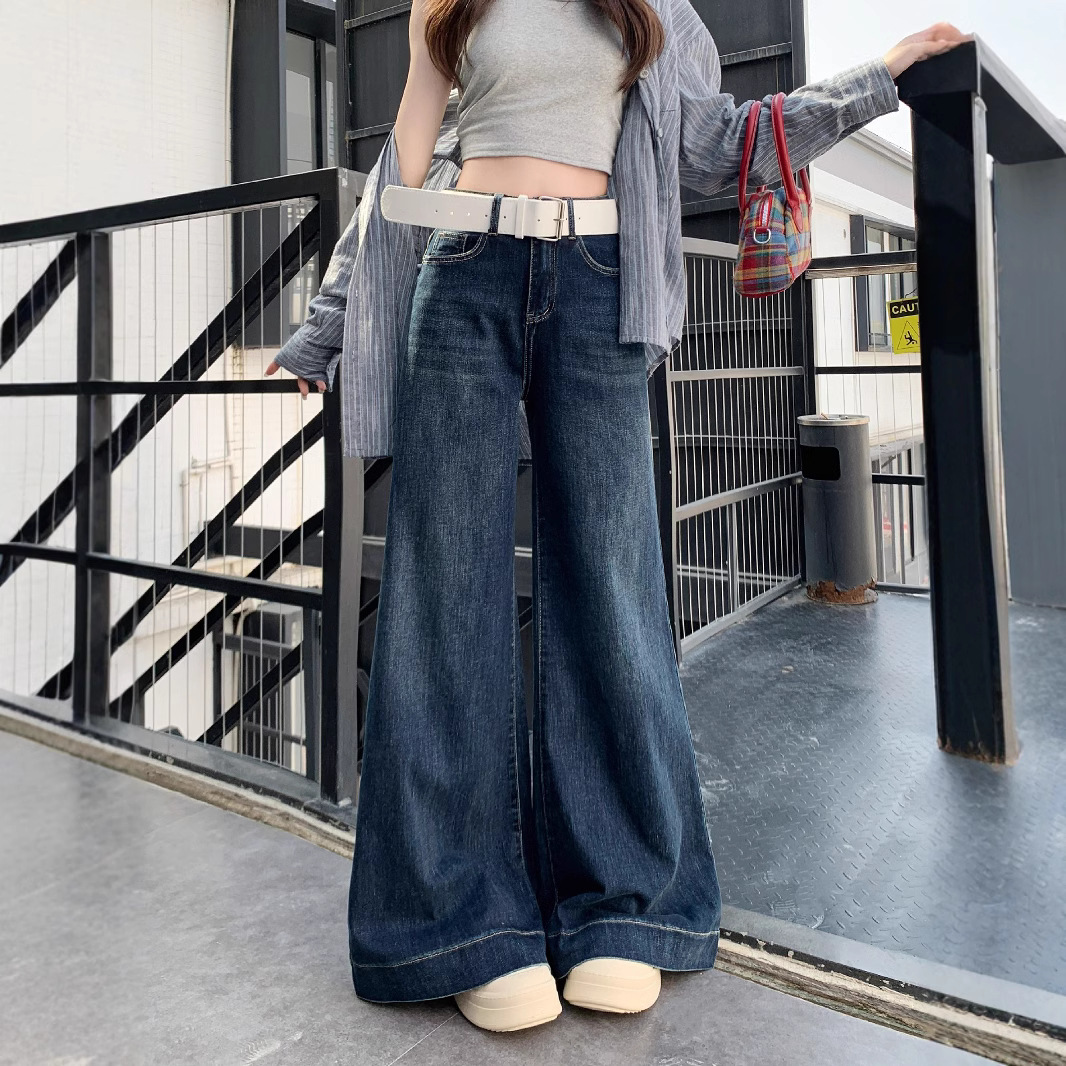 Real shot of Hong Kong style retro elastic wide-leg swaying jeans women's high waist temperament trousers long trousers - Image 4