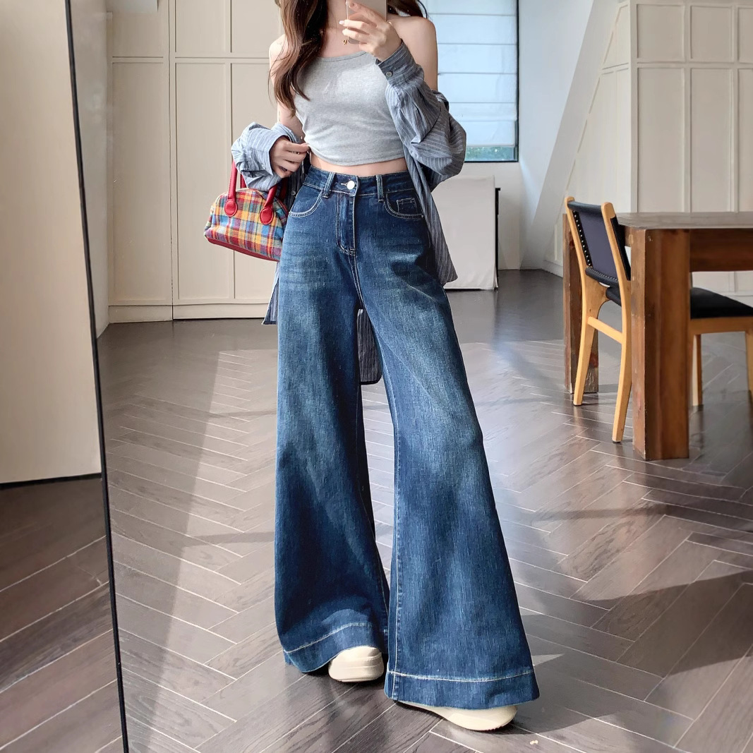 Real shot of Hong Kong style retro elastic wide-leg swaying jeans women's high waist temperament trousers long trousers - Image 5