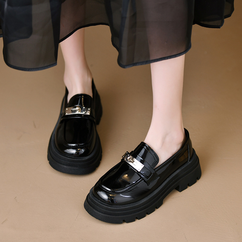 Locking British style small leather shoes for women in spring and summer single shoes thick sole height-enhancing simple casual shoes for women - Image 2