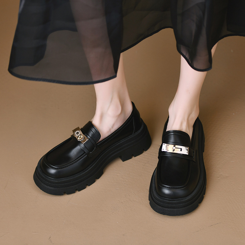 Locking British style small leather shoes for women in spring and summer single shoes thick sole height-enhancing simple casual shoes for women - Image 4