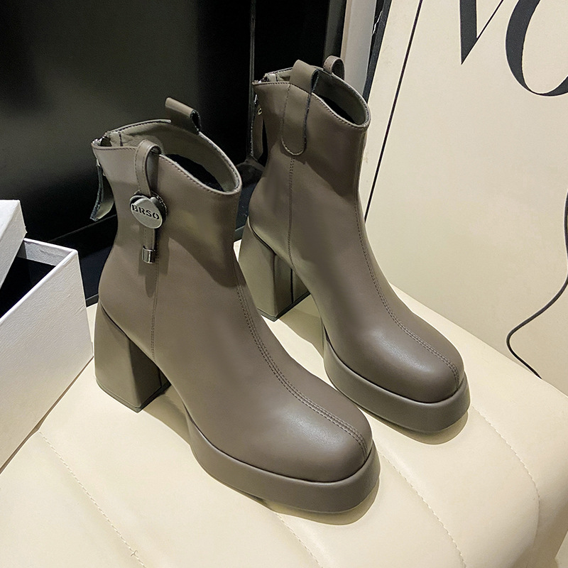 French high-heeled short boots for women in autumn and winter fashion thick heel waterproof platform small height-enhancing slim Martin boots - Image 2