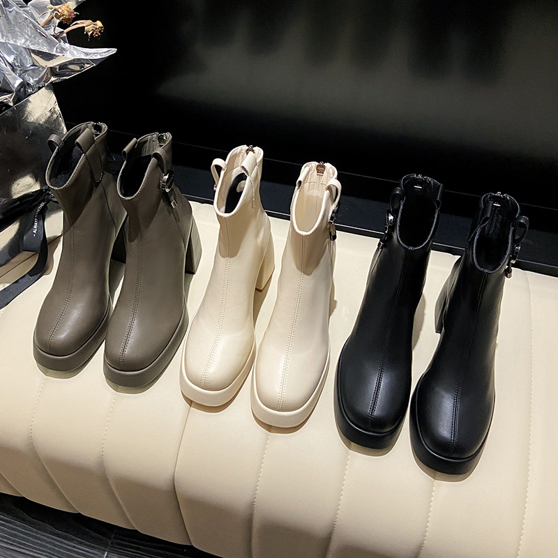 French high-heeled short boots for women in autumn and winter fashion thick heel waterproof platform small height-enhancing slim Martin boots - Image 4