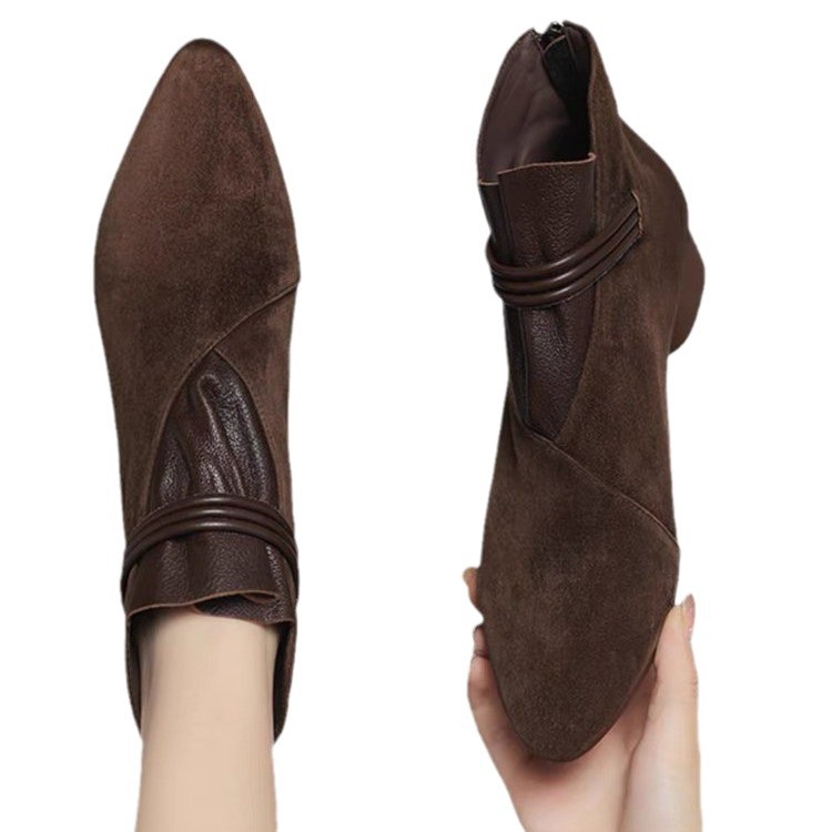 Brown plus velvet pointed toe boots for women's short boots autumn and winter skirt with high-end simple and fashionable short boots - Image 5
