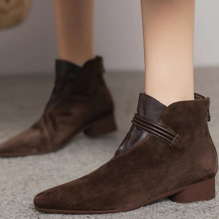 Brown plus velvet pointed toe boots for women's short boots autumn and winter skirt with high-end simple and fashionable short boots - Image 9