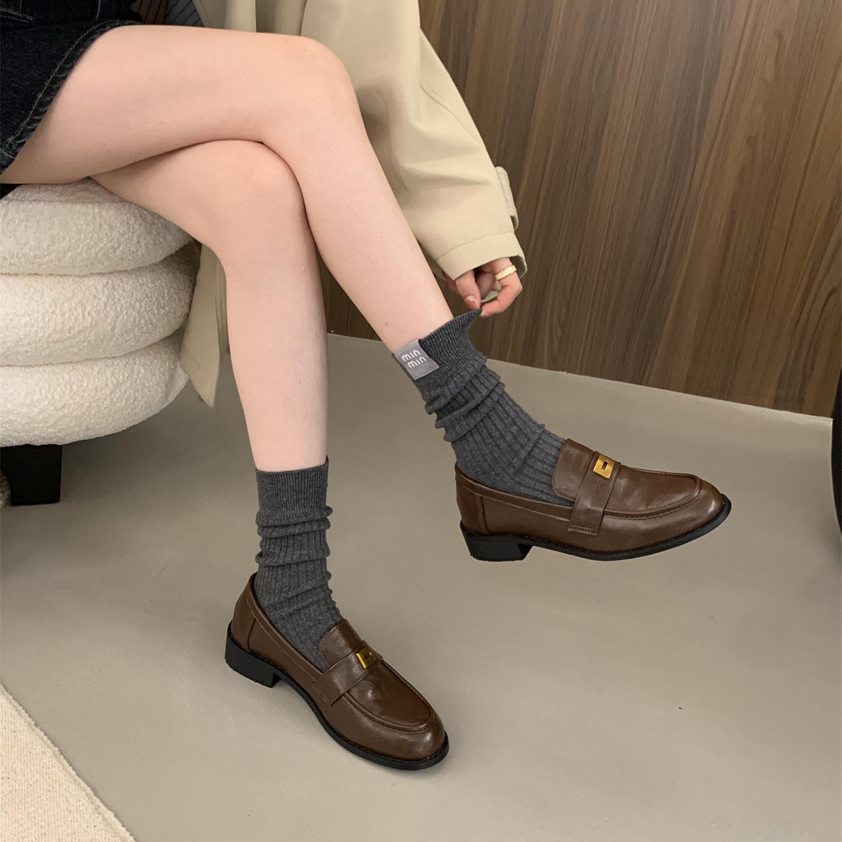 British leather shoes for women brown retro shoes for beans shoes for autumn and winter high-end single shoes thick heel women's shoes - Image 2