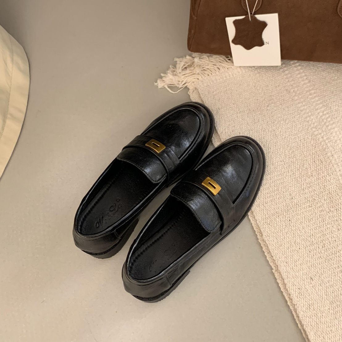 British leather shoes for women brown retro shoes for beans shoes for autumn and winter high-end single shoes thick heel women's shoes - Image 3